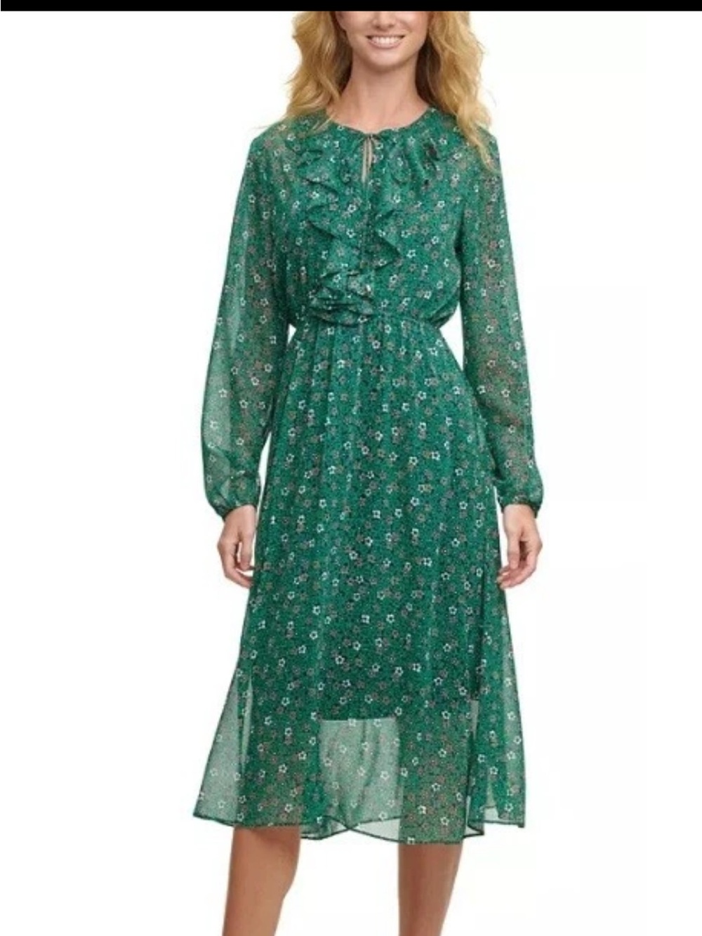 Tommy Hilfiger Green Floral Chiffon Sheer Midi Dress Ruffle Keyhole Neck Size 6